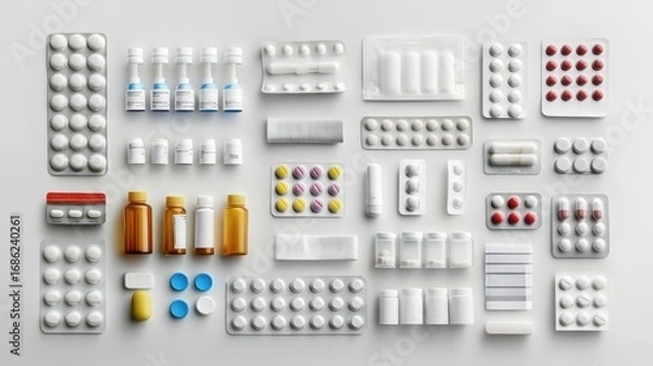 Fototapeta pharmaceutical packaging types, including tubes, bottles, and blister packs, arranged neatly on a white background