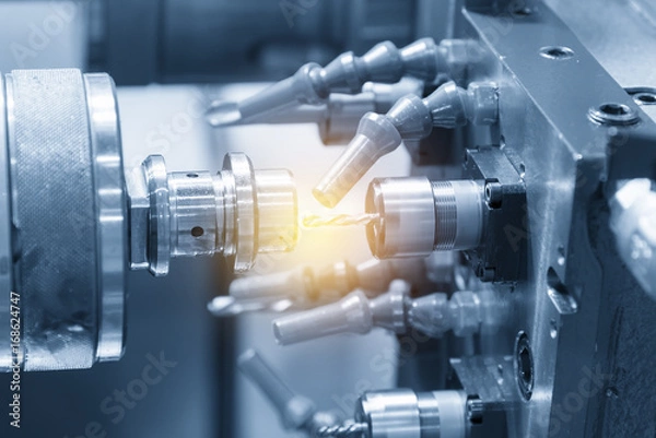 Fototapeta The multi function CNC lathe machine cutting the steel shaft in light blue scene.Hi-technology CNC manufacturing concept.