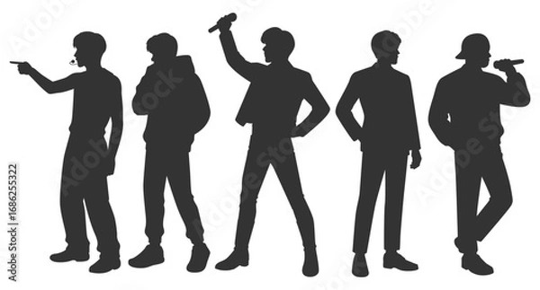 Fototapeta Set vector illustrations of silhouettes of kpop idols singing and dancing on stage. Flat vector kpop boyband. Male dancers, rapper, singer with various different styles, poses and choreography.