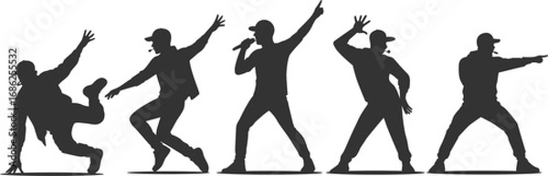 Obraz Set vector illustrations of silhouettes of kpop idols singing and dancing on stage. Flat vector kpop boyband. Male dancers, rapper, singer with various different styles, poses and choreography.