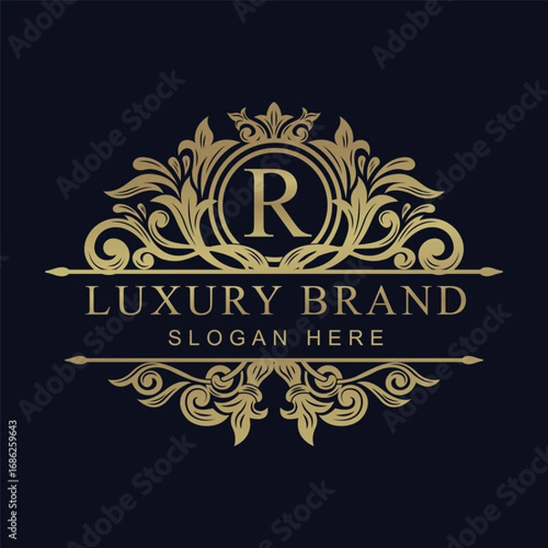 Fototapeta Elegant Royal Golden Letter R Crest with ornament design vector