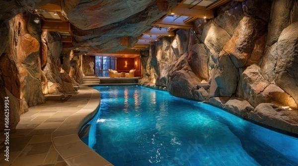 Fototapeta Luxurious indoor swimming pool with natural rock walls and ambient lighting creating a tranquil spa environment for relaxation and leisure