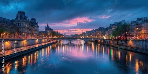 Obraz Stunning city skyline with illuminated buildings reflecting on the river at dusk showcasing vibrant urban scenery modern architecture and scenic water views