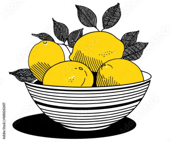 Obraz Three bright yellow lemons in a striped white bowl, with dark leaves