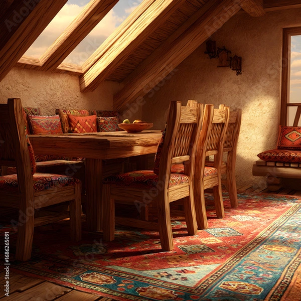 Fototapeta Wooden dining table and chairs in an attic room with skylights
