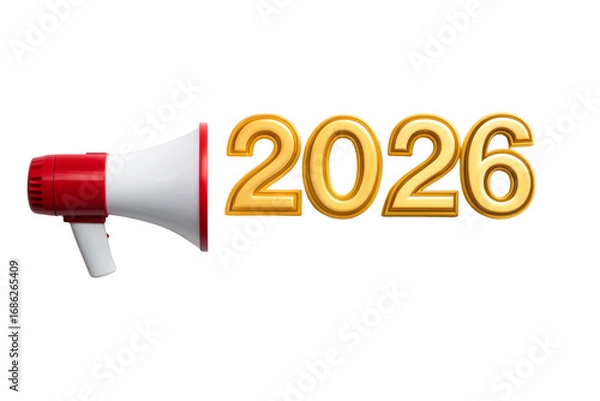 Fototapeta Golden 2026 Announcement with Megaphone for Future Events and Opportunities Shining Brightly Against a Black Backdrop Showcasing Promotion and Excitement