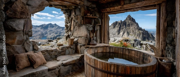 Fototapeta Wooden hot tub in a stone structure with mountain views through windows.