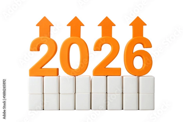 Fototapeta Optimistic outlook for 2026 with orange numbers and upward pointing arrows sitting atop a solid white foundation representing growth and positive trends ahead for the coming year