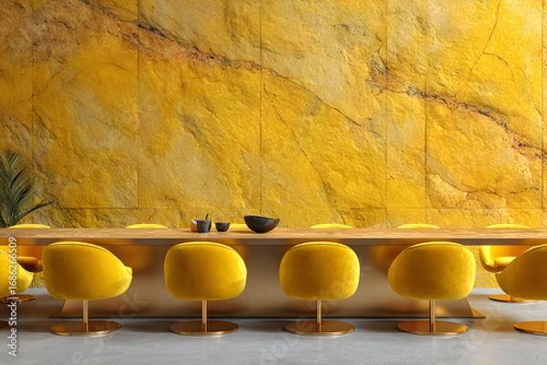 Fototapeta Yellow chairs at a long table in front of a yellow wall