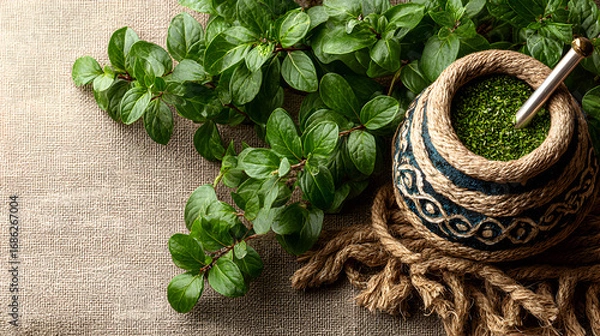 Fototapeta Yerba mate in a traditional gourd with leaves on a burlap background.