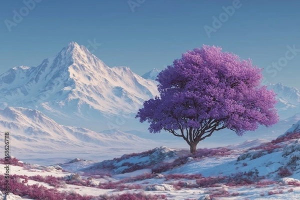 Fototapeta Solitary purple tree in snowy landscape with mountain range