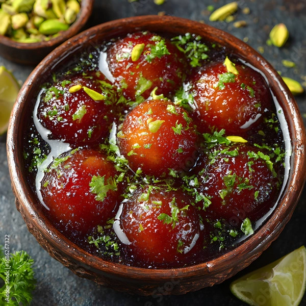 Fototapeta A bowl of Gulab Jamun, an Indian dessert, garnished with pistachios and parsley.