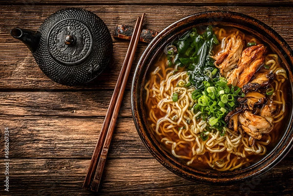 Fototapeta A bowl of ramen noodles with chopsticks and a teapot on a wooden table.