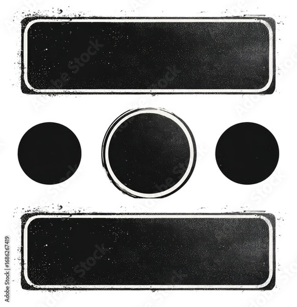 Obraz A symmetrical graphic design, featuring two rectangular plates, one above and one below, framing a central circular element.  