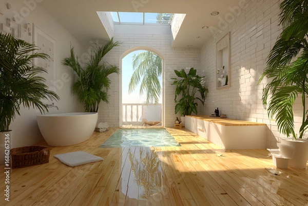 Fototapeta A bright, spacious bathroom with two white bathtubs, tropical plants, and a view of a palm tree through an arched window.