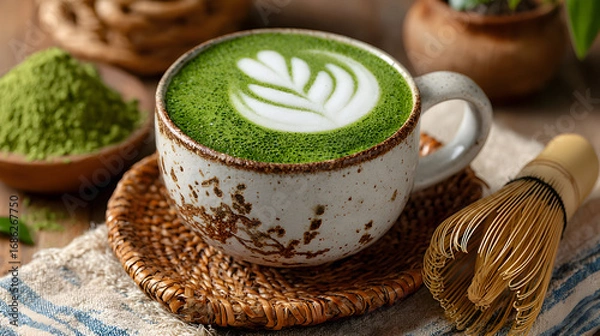 Fototapeta A cup of matcha latte with latte art on a table with matcha powder and whisk.
