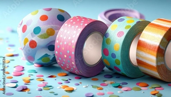 Fototapeta Colorful patterned tapes on light blue surface with confetti (1)