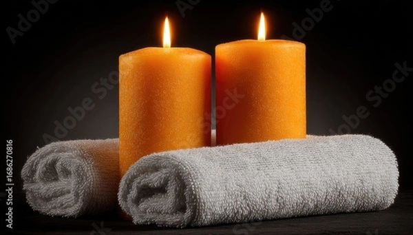 Fototapeta Two orange candles on a dark surface, resting on rolled white towels