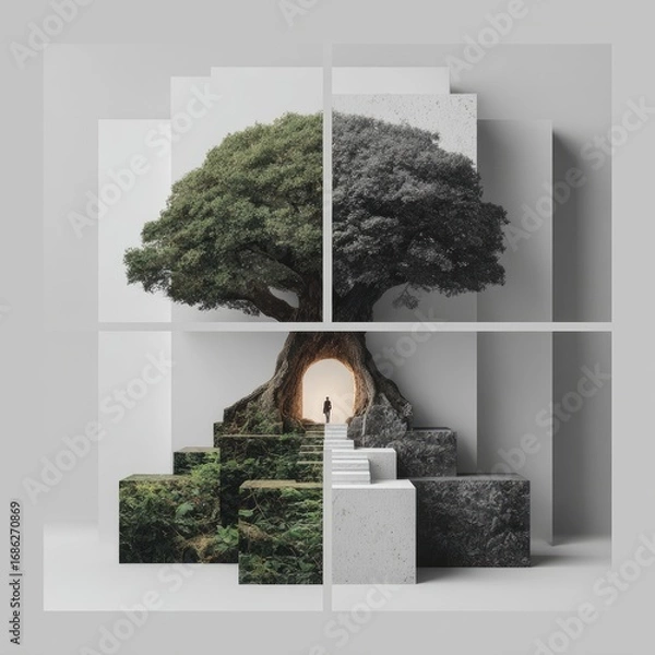 Fototapeta Four-panel image; a large tree, light, steps, and transitions of color from light green to dark gray, sits atop tiered blocks