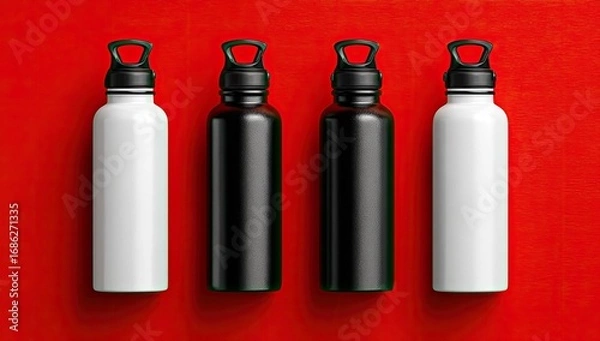 Fototapeta Four aluminum water bottles, white, black, and white, arranged vertically on a red background, each with a green handle