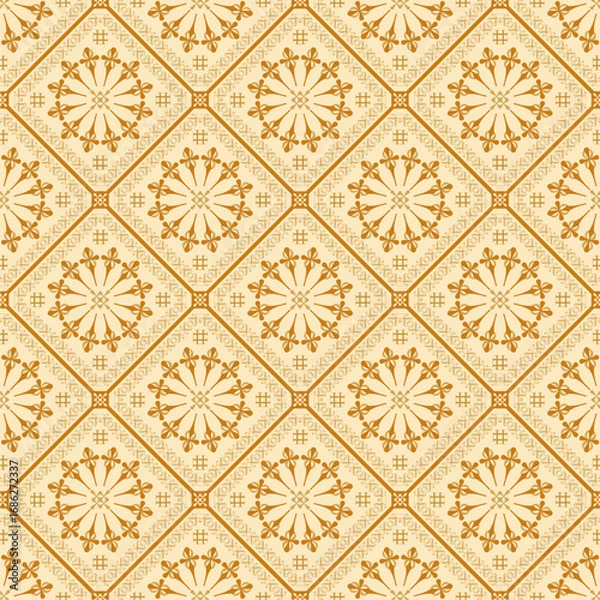 Fototapeta Elegant vintage floral geometric fabric pattern with golden brown ornamental motifs, seamless retro-inspired textile design perfect for upholstery, curtains, wallpapers, tablecloths, and classic 