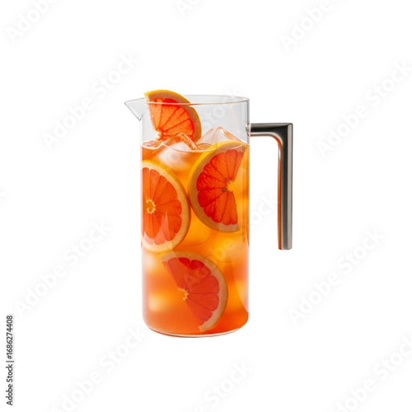 Fototapeta Glass pitcher of grapefruit iced tea with grapefruit slices, tall modern handle, white background