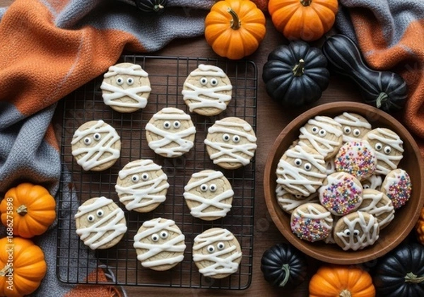 Fototapeta Delicious halloween mummy sugar cookies decorated with white icing and candy eyes, arranged on a cooling rack with pumpkins and a bowl of cookies