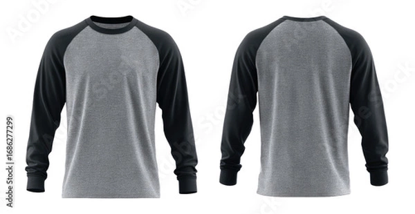 Fototapeta Gray and black raglan sleeve long-sleeved shirt mockup.  Front and back views