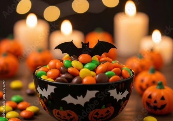 Fototapeta A bowl of colorful halloween candy with a bat decoration sits in front of flickering candles and mini pumpkins