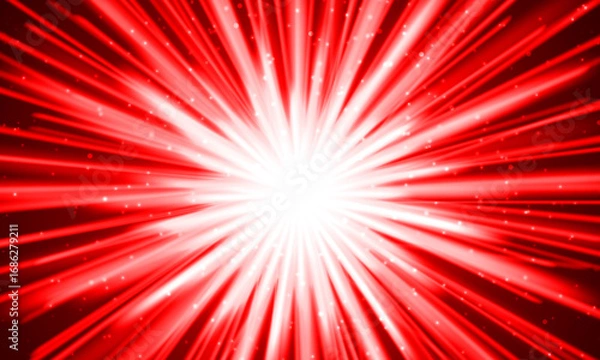 Fototapeta Red light burst explosion with glowing rays and particles. red burst background.