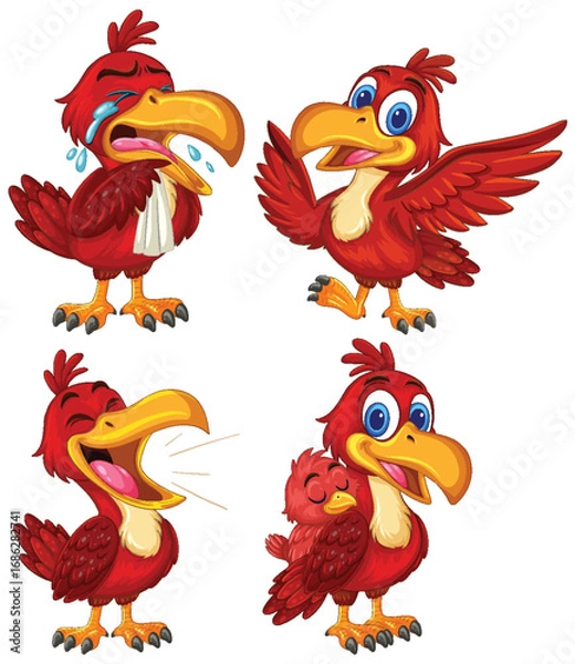 Fototapeta Cartoon Red Bird Expressing Emotions in Four Poses