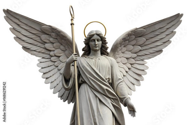 Obraz Beautiful stone statue of a female angel with large detailed wings and a golden halo, holding a staff, isolated on a pure white background