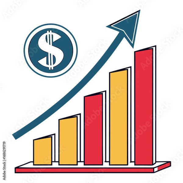 Fototapeta Vector illustration of a flat design financial bar chart with alternating yellow and red bars, an upward arrow indicating growth, and a dollar symbol. Isolated on white background, ideal for economic,