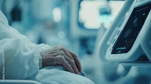 Fototapeta an elderly person using a healthcare robot to monitor health, representing human-robot AI interaction in elderly care, blurred background