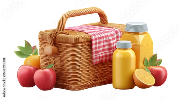 Fototapeta Wicker basket with fruits and juice bottles