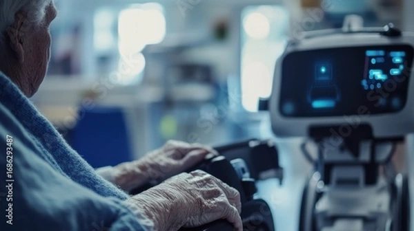 Fototapeta A close-up of an elderly person using a healthcare robot  on blurred background