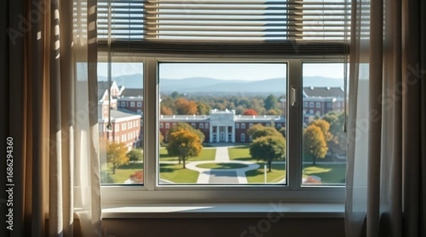 Fototapeta back college vibes concept. View through a window showcasing a campus landscape and buildings.