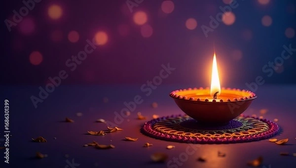 Obraz Diwali festival of lights celebration with glowing oil lamps, sparkling fireworks, colorful rangoli, marigold flowers, candles and lanterns creating a vibrant traditional indian cultural holiday backg