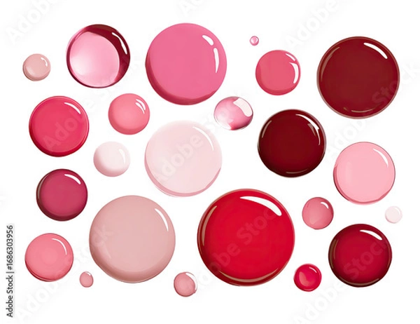 Fototapeta A variety of round, glossy lip colors, in shades of pink, red, and burgundy