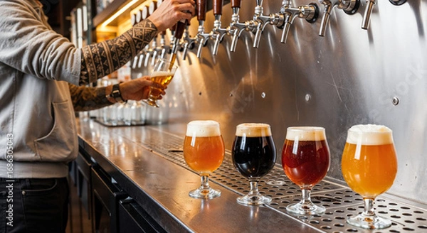 Obraz Craft Beer Flight Pouring at Brewery Bar Taproom with Diverse Styles