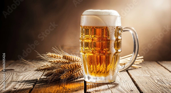 Obraz Golden Foamy Wheat Beer Mug Rustic Wooden Table Grain Ears Warm Light Background Refreshing Beverage Brewing Ingredients Perfect Pint