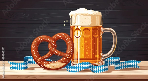 Obraz Oktoberfest Celebration Featuring Foamy Beer Mug and Bavarian Pretzel on Rustic Wooden Table with Traditional Ribbon Decor
