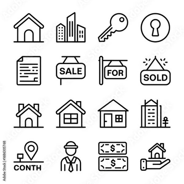 Fototapeta Real Estate, Property, and Sale Icons Set for Housing, Transactions, and Listings