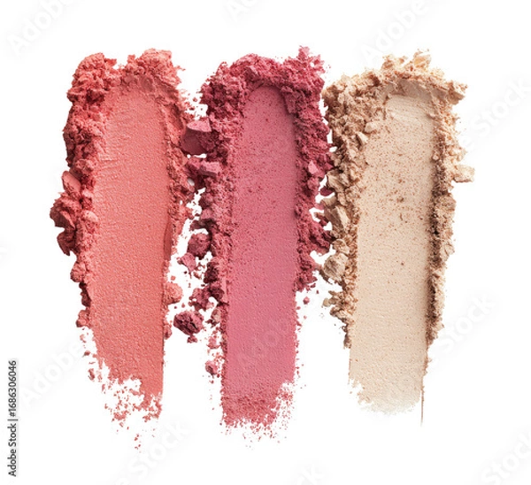 Fototapeta Three swatches of crushed blush and highlighter.  Atop a black background, three vertical streaks of different shades of pink and peach colored crushed powder makeup are shown