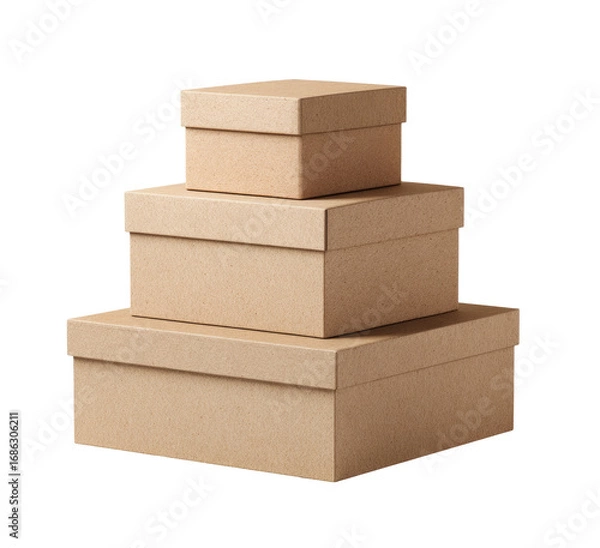 Fototapeta Stacked beige cardboard boxes.  Three nested, square gift boxes of varying sizes,  light brown kraft paper