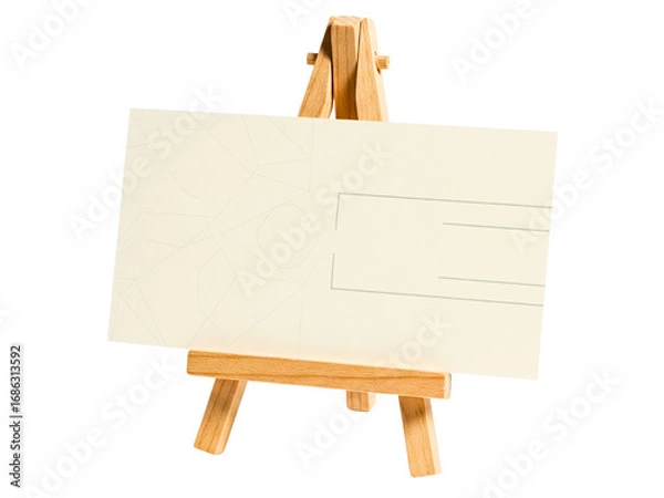 Fototapeta Miniature wooden display easel holding a blank placeholder card on a transparent background
