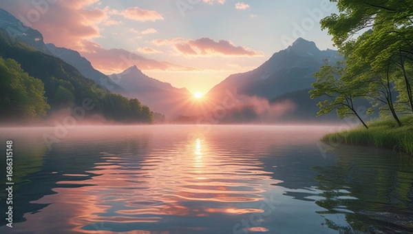 Obraz Serene sunset reflection over a mount