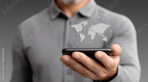Fototapeta Global Connection on Mobile: A person holding a smartphone with a digital world map hologram, symbolising global connectivity and technological innovation.