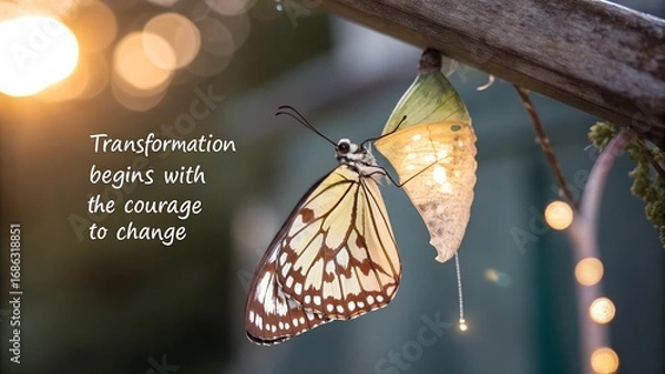 Fototapeta Inspirational Quote on Butterfly Emergence from Cocoon.