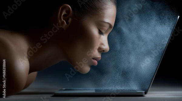 Fototapeta Digital Immersion: A woman absorbed in the glow of a laptop screen, her face illuminated, with a mysterious vapor subtly hinting at digital world.